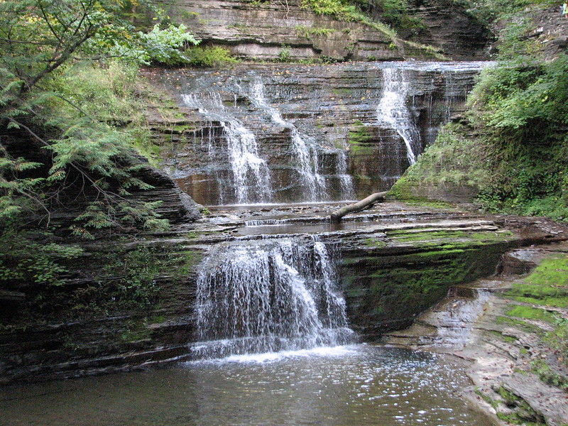 Cascading waterfall surrounding by greenery 
