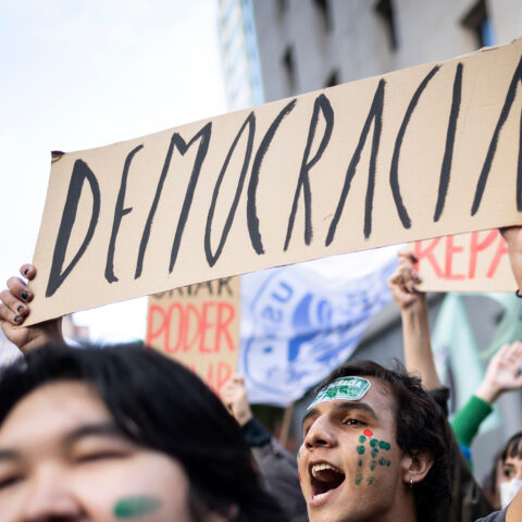 Students protesting holding Democracia signs